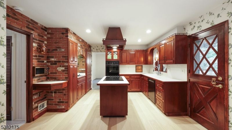 Interior, Kitchen, Recessed Lighting, Stone Walls, Wood Texture Flooring