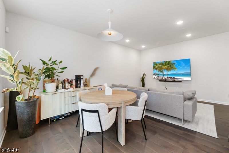Dining room, Interior, Pendant Lights, Recessed Lighting, Wood Texture Flooring