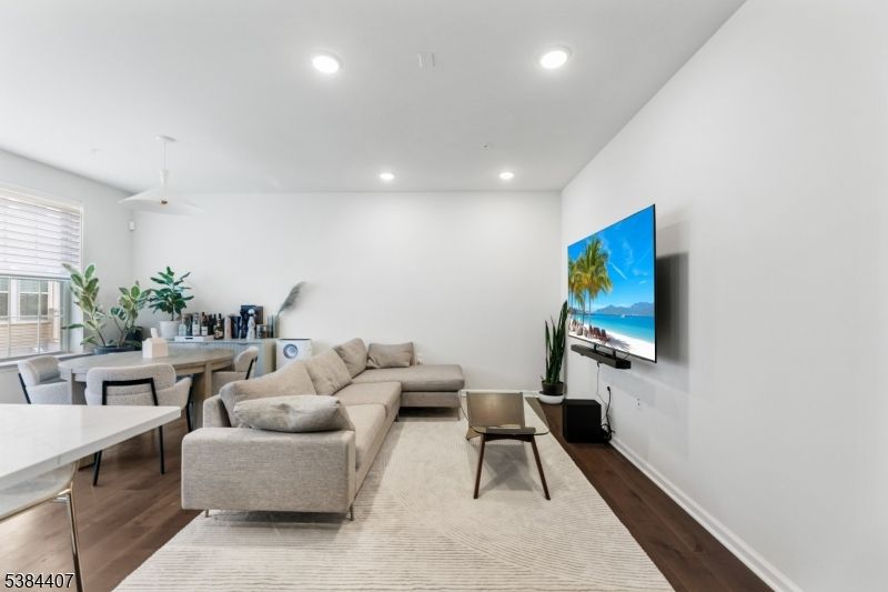 Dining room, Interior, Living room, Pendant Lights, Recessed Lighting, Wood Texture Flooring