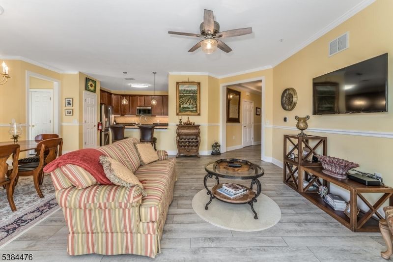 Dining room, Interior, Kitchen, Living room, Pendant Lights, Stainless Steel Appliances, Wood Texture Flooring