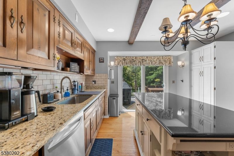 Chandelier, Interior, Kitchen, Recessed Lighting, Stainless Steel Appliances, Wooden Beams, Wood Texture Flooring