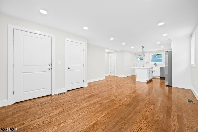 Empty room, Interior, Kitchen, Pendant Lights, Recessed Lighting, Wood Texture Flooring