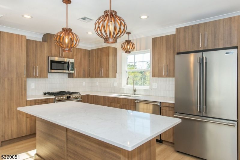 Interior, Kitchen, Pendant Lights, Recessed Lighting, Stainless Steel Appliances, Wood Texture Flooring