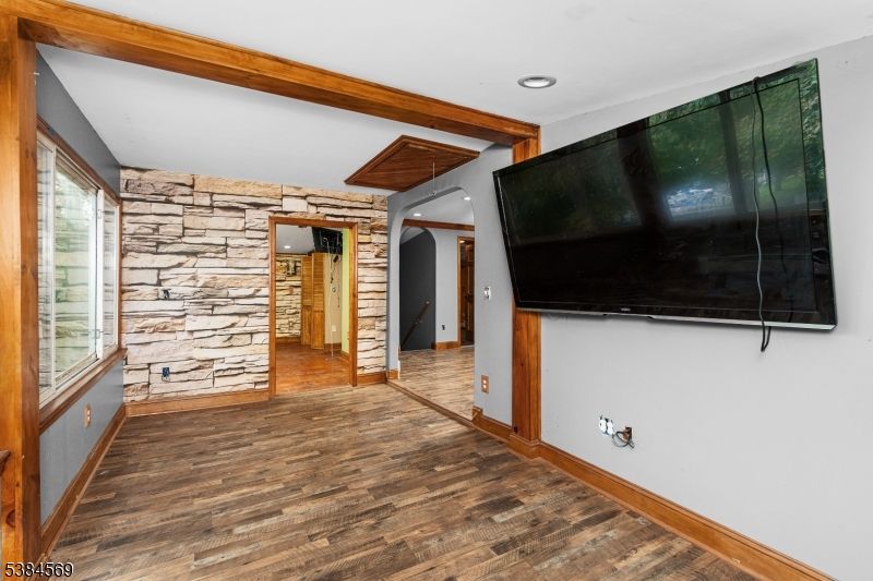 Empty room, Interior, Recessed Lighting, Stone Walls, Wood Texture Flooring