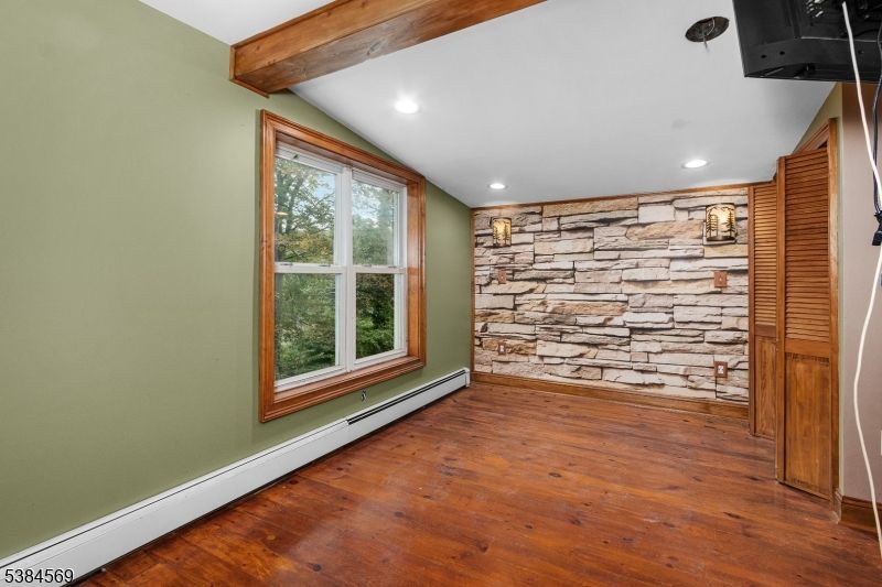 Empty room, Interior, Recessed Lighting, Stone Walls, Wooden Beams, Wood Texture Flooring