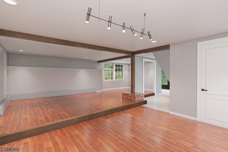 Empty room, Interior, Pendant Lights, Recessed Lighting, Wooden Beams, Wood Texture Flooring