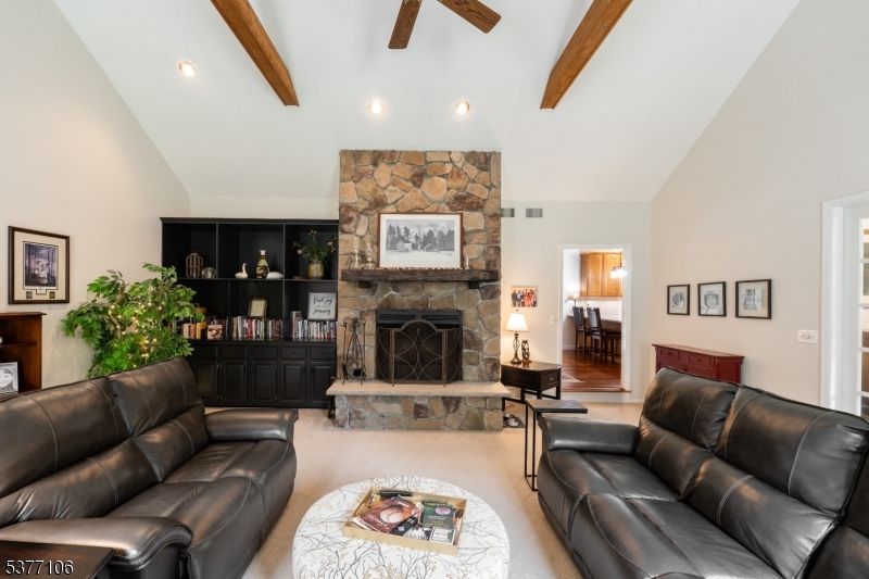 Fireplace, Interior, Living room, Recessed Lighting, Stone Walls, Wooden Beams