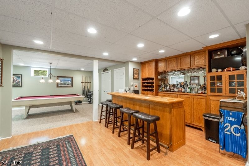 Billiard Table, Game Room, Interior, Pendant Lights, Recessed Lighting, Wood Texture Flooring