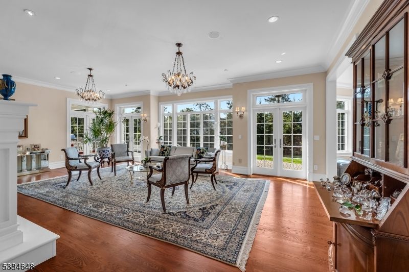 Chandelier, Dining room, Fireplace, Interior, Living room, Recessed Lighting, Wood Texture Flooring