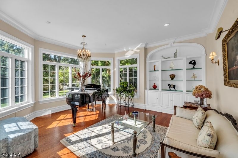 Chandelier, Interior, Living room, Piano, Recessed Lighting, Wood Texture Flooring