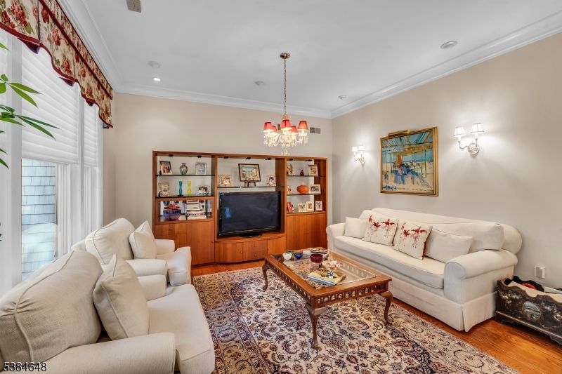 Chandelier, Interior, Living room, Recessed Lighting, Wood Texture Flooring