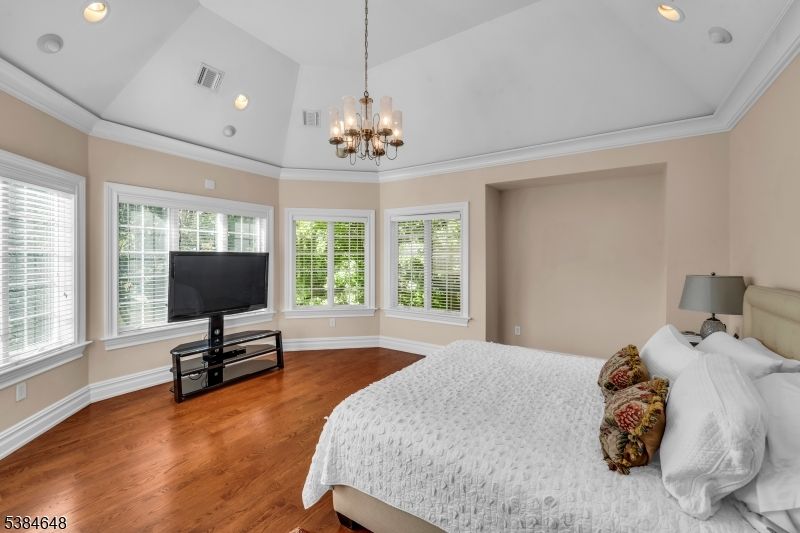 Bedroom, Chandelier, Interior, Recessed Lighting, Wood Texture Flooring