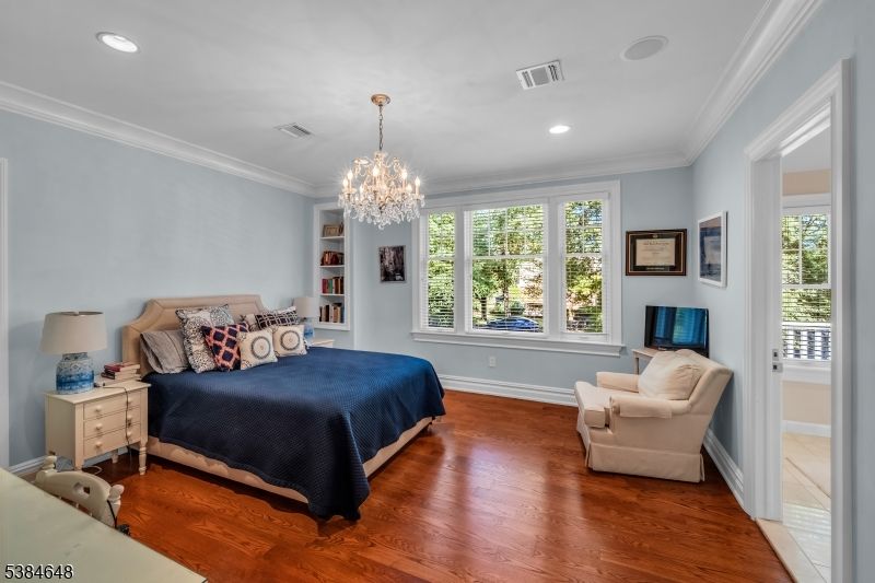 Bedroom, Chandelier, Interior, Recessed Lighting, Wood Texture Flooring