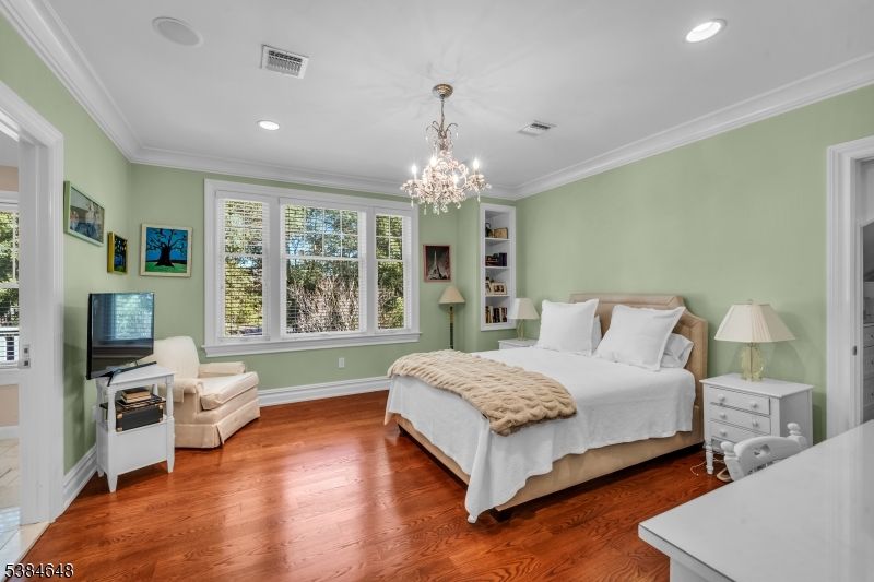 Bedroom, Chandelier, Interior, Recessed Lighting, Wood Texture Flooring