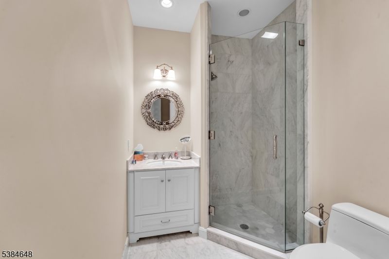 Bathroom, Glass Shower, Interior, Marble, Marble Walls, Recessed Lighting