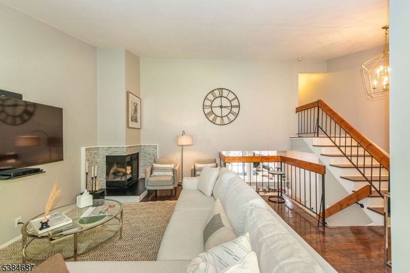 Fireplace, Interior, Living room, Pendant Lights, Wood Texture Flooring