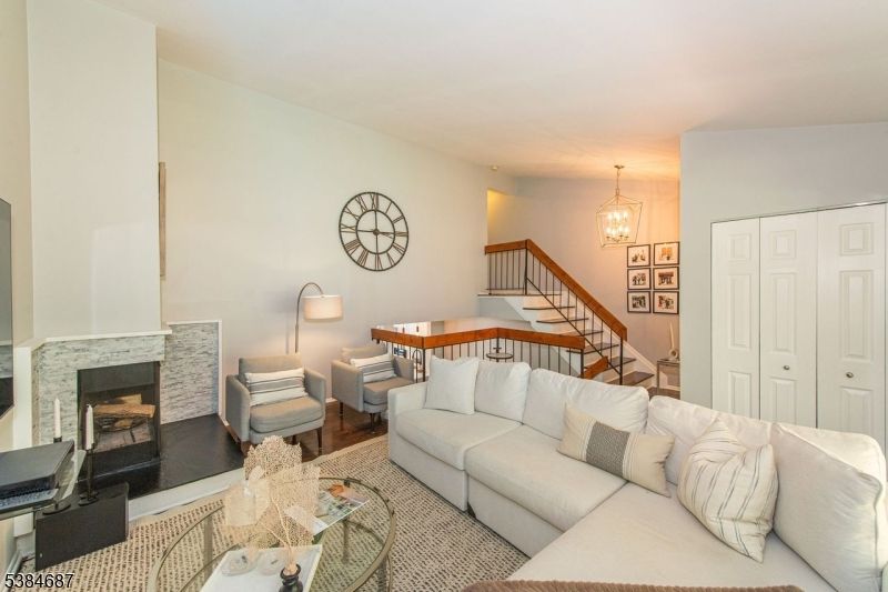 Dining room, Fireplace, Interior, Living room, Pendant Lights, Wood Texture Flooring