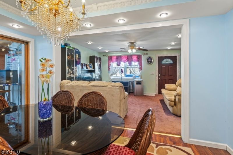 Chandelier, Dining room, Interior, Living room, Recessed Lighting, Wood Texture Flooring