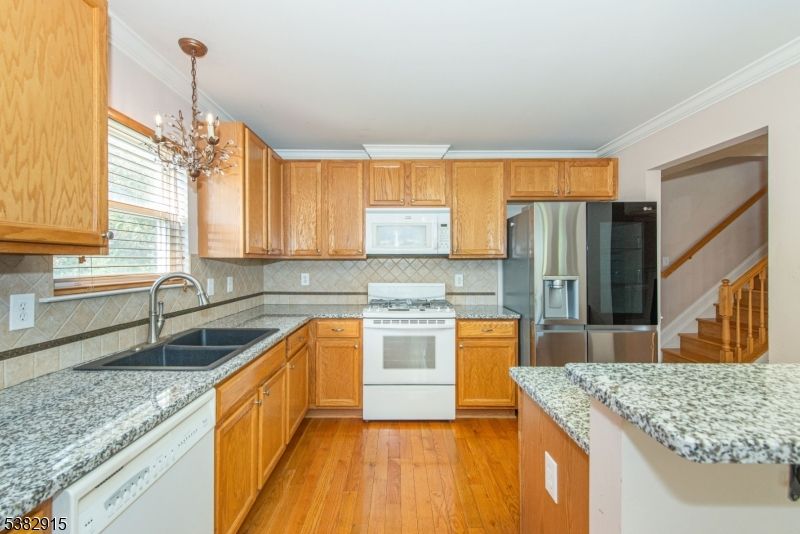 Chandelier, Interior, Kitchen, Stainless Steel Appliances, Wood Texture Flooring