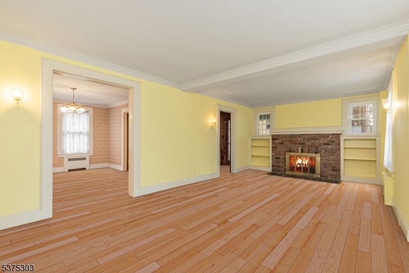 Chandelier, Empty room, Fireplace, Interior, Wood Texture Flooring