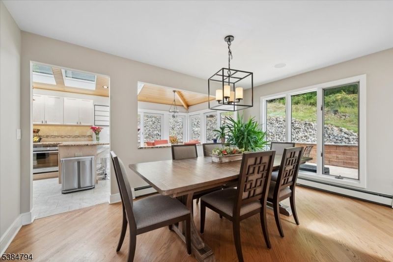 Chandelier, Dining room, Interior, Pendant Lights, Wood Texture Flooring
