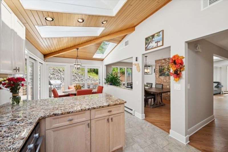 Dining room, Interior, Pendant Lights, Recessed Lighting, Wooden Ceilings, Wood Texture Flooring