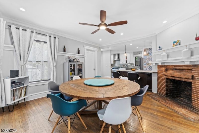 Dining room, Fireplace, Interior, Kitchen, Pendant Lights, Recessed Lighting, Stone Walls, Wood Texture Flooring