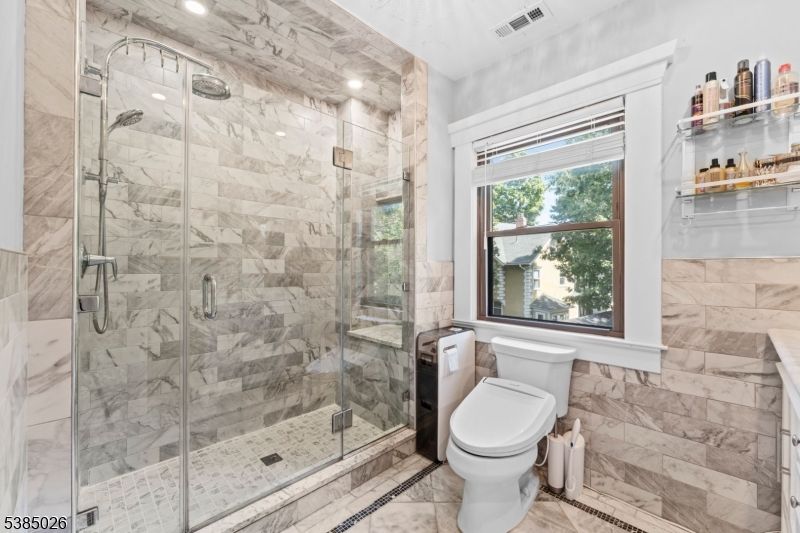 Bathroom, Glass Shower, Interior, Marble Walls, Recessed Lighting