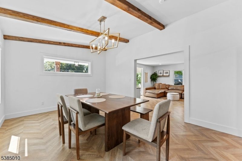 Dining room, Interior, Living room, Pendant Lights, Wooden Beams, Wood Texture Flooring