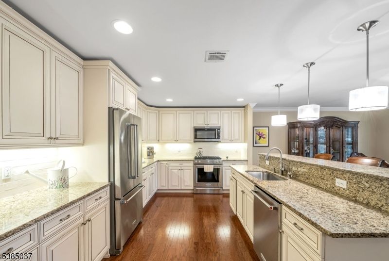 Interior, Kitchen, Pendant Lights, Recessed Lighting, Stainless Steel Appliances, Wood Texture Flooring