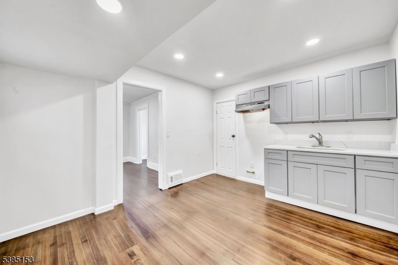 Empty room, Interior, Kitchen, Recessed Lighting, Wood Texture Flooring