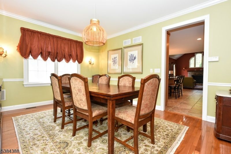 Dining room, Interior, Pendant Lights, Recessed Lighting, Wood Texture Flooring