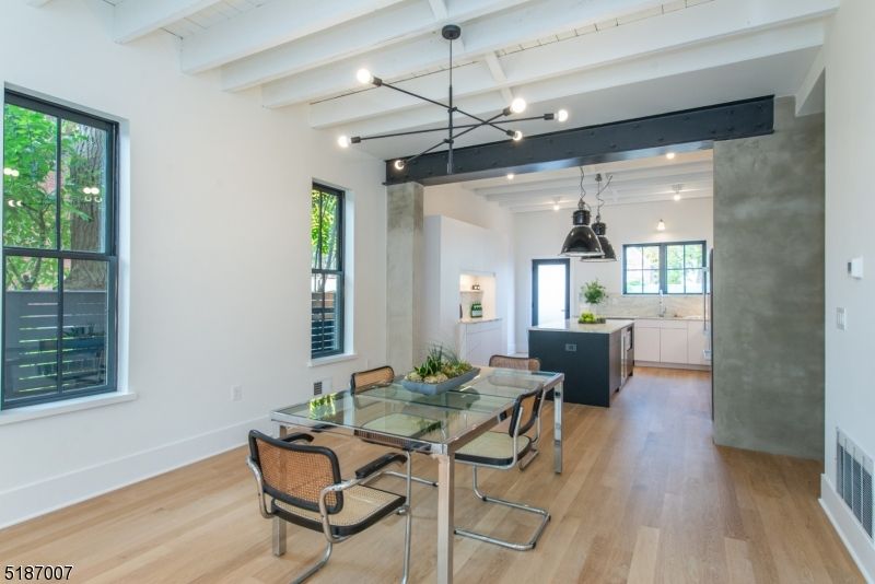 Dining room, Interior, Kitchen, Pendant Lights, Recessed Lighting, Wood Texture Flooring