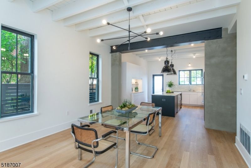 Dining room, Interior, Kitchen, Pendant Lights, Recessed Lighting, Wood Texture Flooring