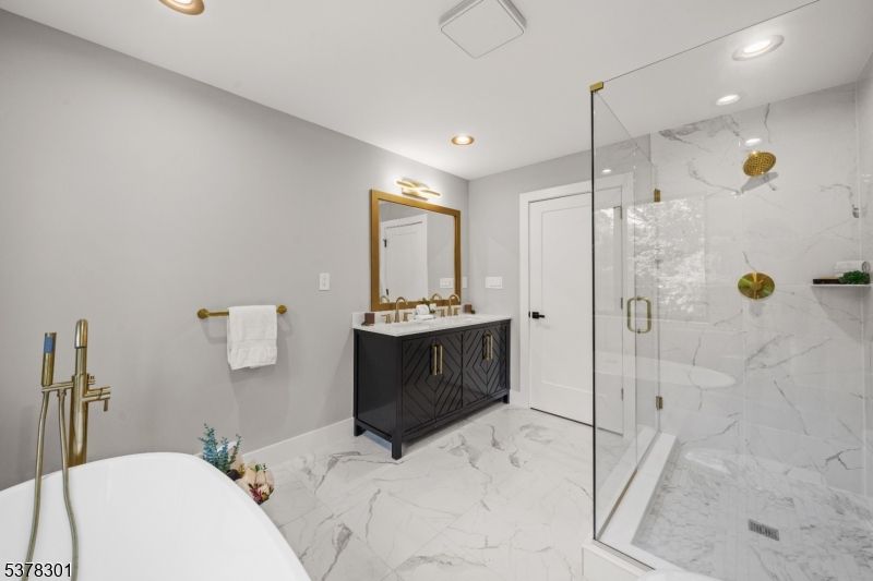 Bathroom, Glass Shower, Interior, Marble, Marble Walls, Recessed Lighting