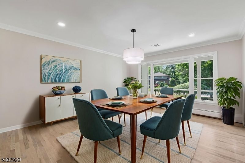 Dining room, Interior, Pendant Lights, Recessed Lighting, Wood Texture Flooring
