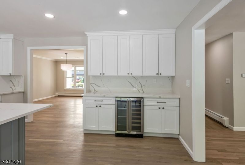 Interior, Kitchen, Marble Walls, Pendant Lights, Recessed Lighting, Wood Texture Flooring