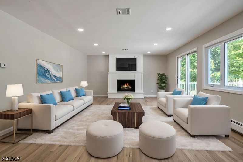 Fireplace, Interior, Living room, Recessed Lighting, Wood Texture Flooring