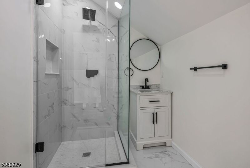 Bathroom, Glass Shower, Interior, Marble, Marble Walls, Recessed Lighting