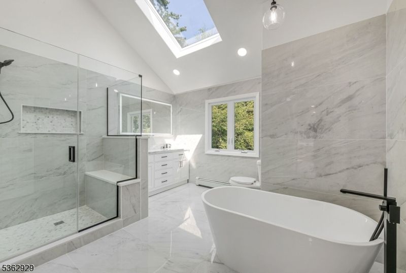 Bathroom, Free Standing Baths, Glass Ceilings, Glass Shower, Interior, Marble, Marble Walls, Recessed Lighting