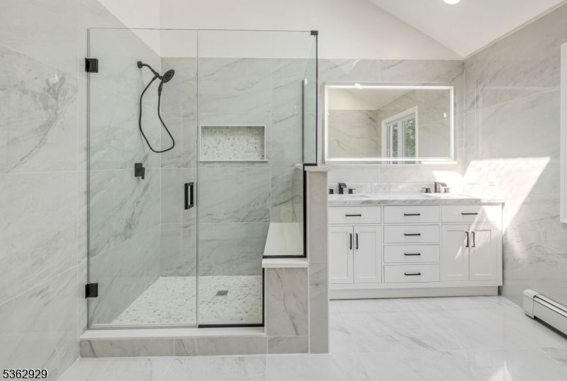 Bathroom, Glass Shower, Interior, Marble, Marble Walls, Recessed Lighting