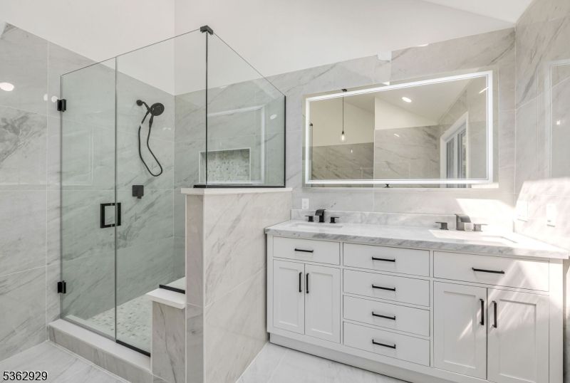 Bathroom, Dual Sink Vanities, Glass Shower, Interior, Marble Walls, Recessed Lighting