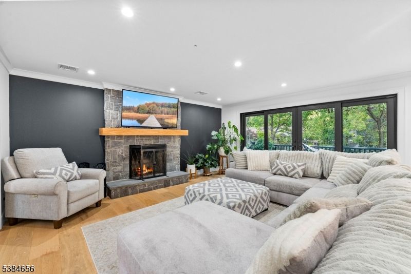 Fireplace, Interior, Living room, Recessed Lighting, Wood Texture Flooring