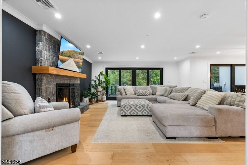 Fireplace, Interior, Living room, Recessed Lighting, Wood Texture Flooring