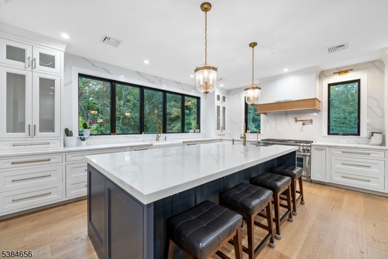 Interior, Kitchen, Marble Walls, Pendant Lights, Recessed Lighting, Stainless Steel Appliances, Wood Texture Flooring
