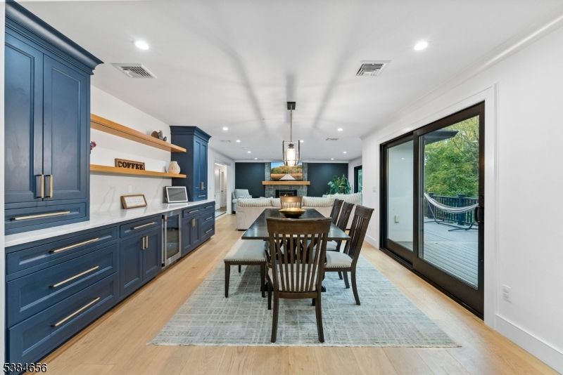 Dining room, Interior, Kitchen, Pendant Lights, Recessed Lighting, Wood Texture Flooring