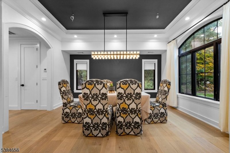 Chandelier, Dining room, Interior, Pendant Lights, Recessed Lighting, Wood Texture Flooring