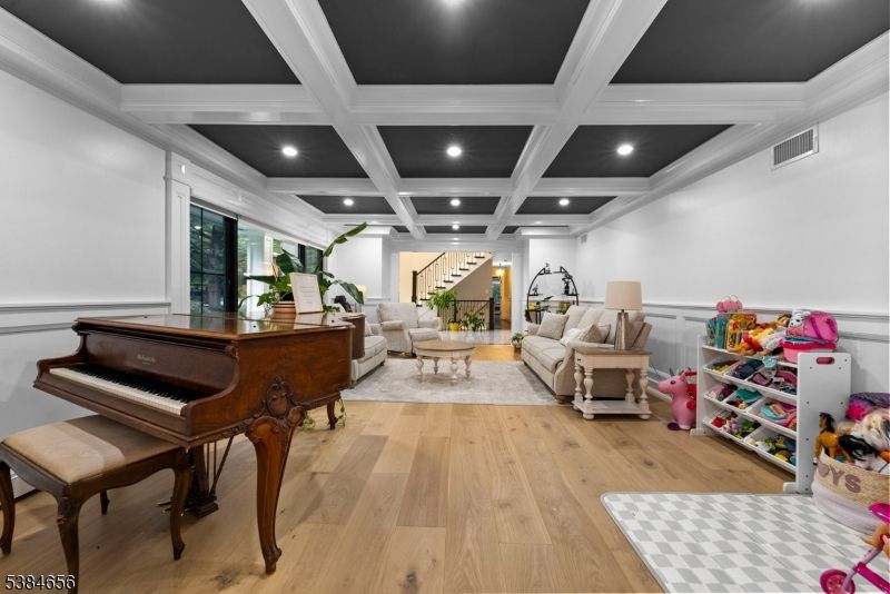 Interior, Living room, Piano, Recessed Lighting, Wood Texture Flooring