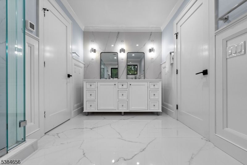 Bathroom, Dual Sink Vanities, Interior, Marble, Recessed Lighting