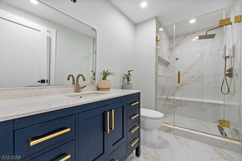 Bathroom, Glass Shower, Interior, Marble, Marble Walls, Recessed Lighting